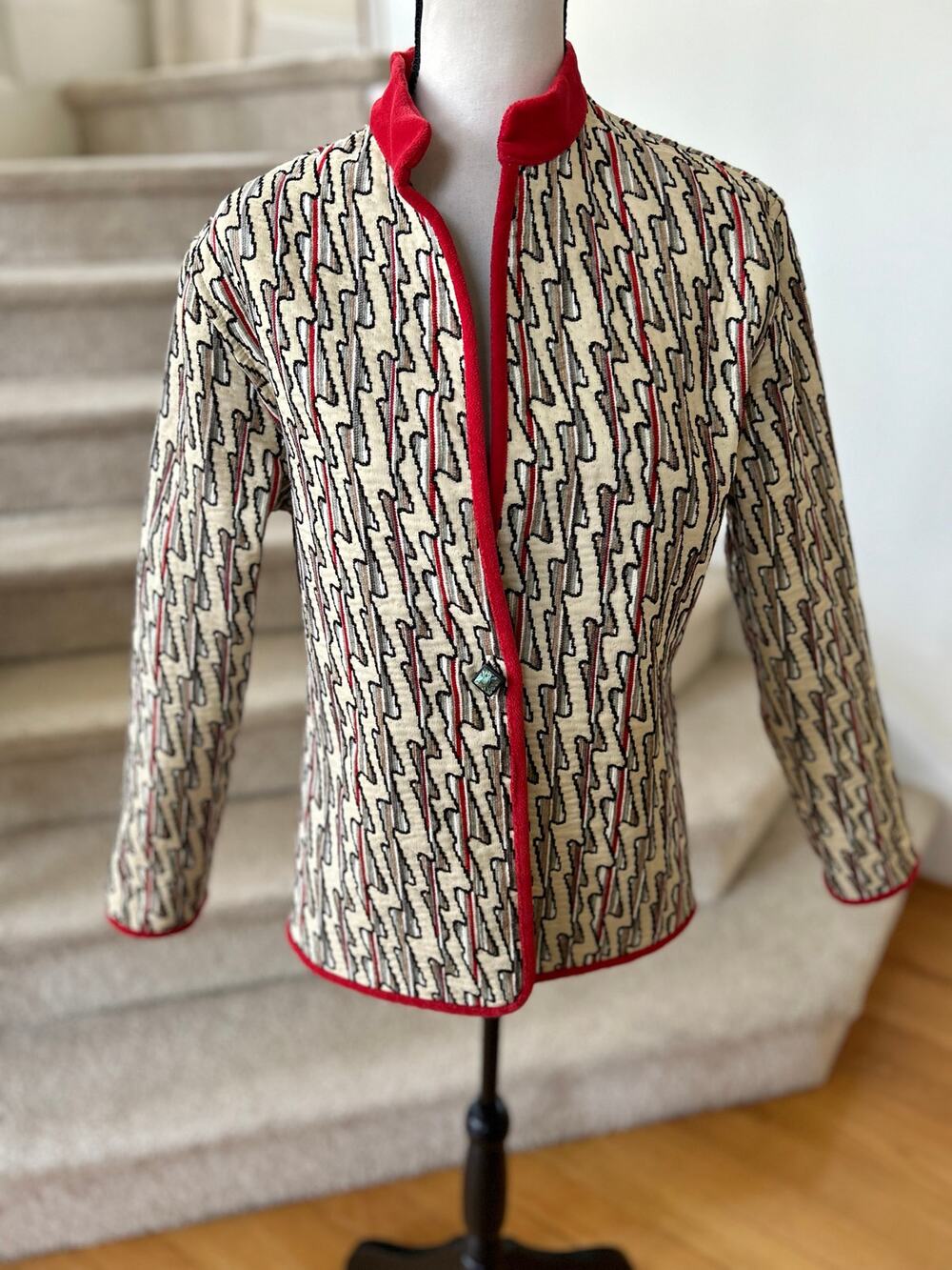 Western White, Black & Red Fleece Trim Zig Zag Embroidered Tapestry Jacket